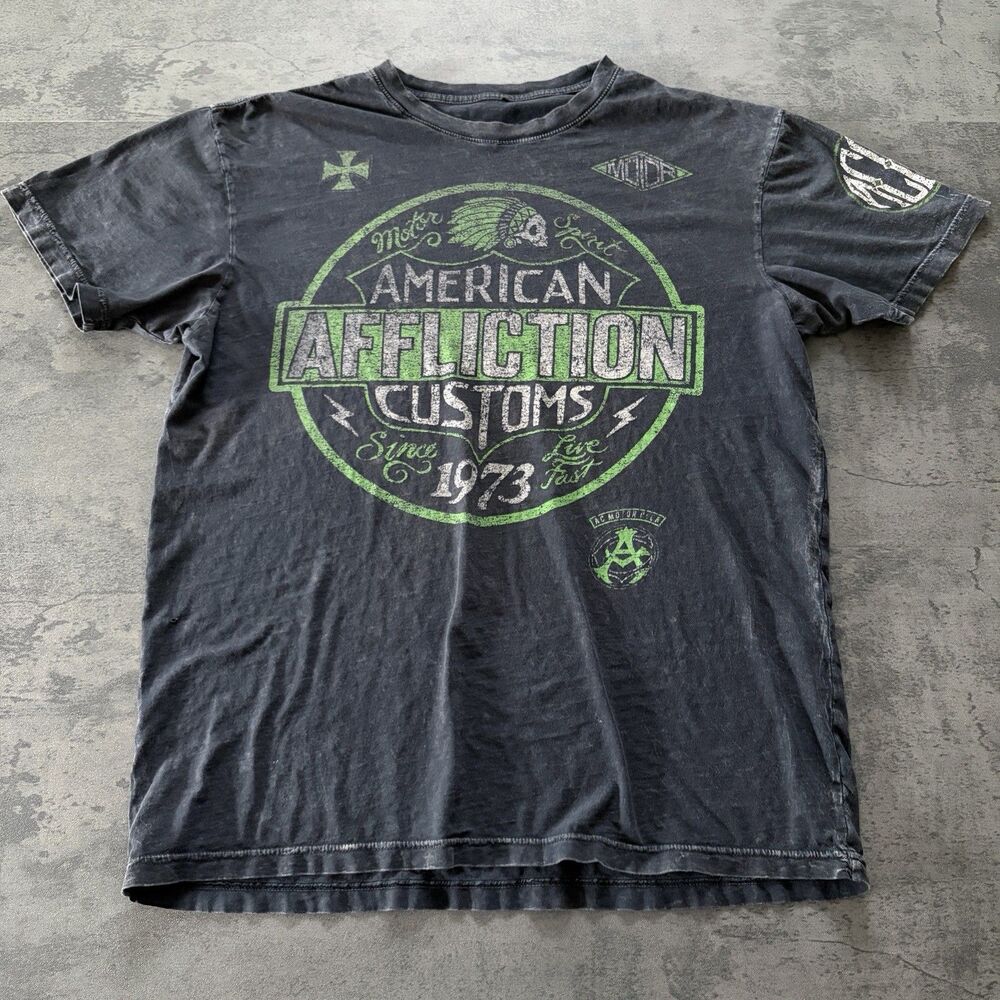 Affliction Shirt Mens XL Live Fast American Customs Skull Indian Head MMA Y2K